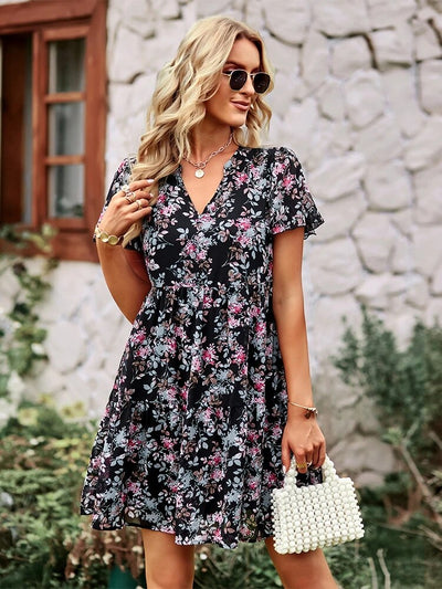 NOA™ VESTIDO FLORAL DE MANGA CORTA CON CUELLO EN V